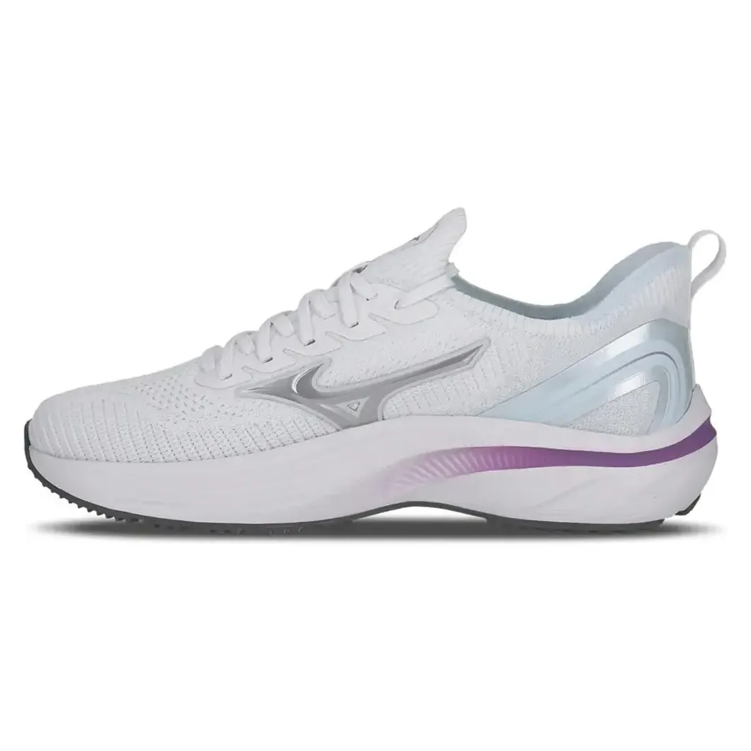Tênis Mizuno Glow 2 feminino branco para corrida, vista lateral esquerda, design leve e confortável.